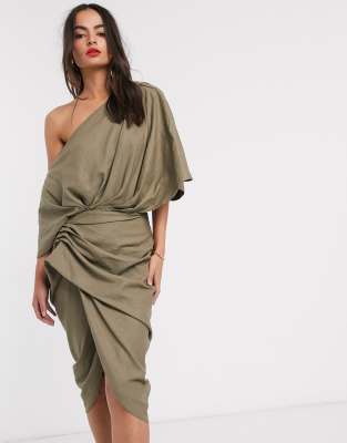 asos edition drape asymmetric linen midi dress