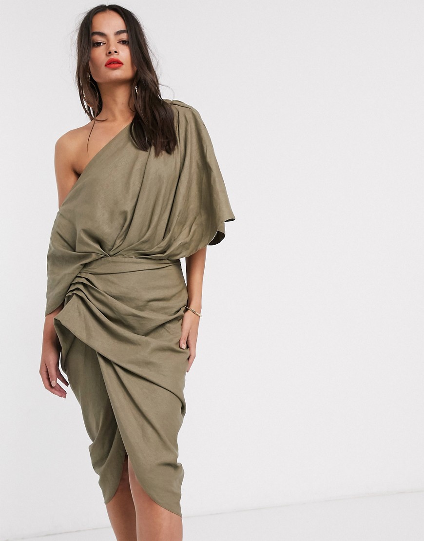 ASOS EDITION drape asymmetric linen midi dress-Green