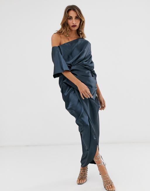 Asos edition drape asymmetric store midi dress in satin