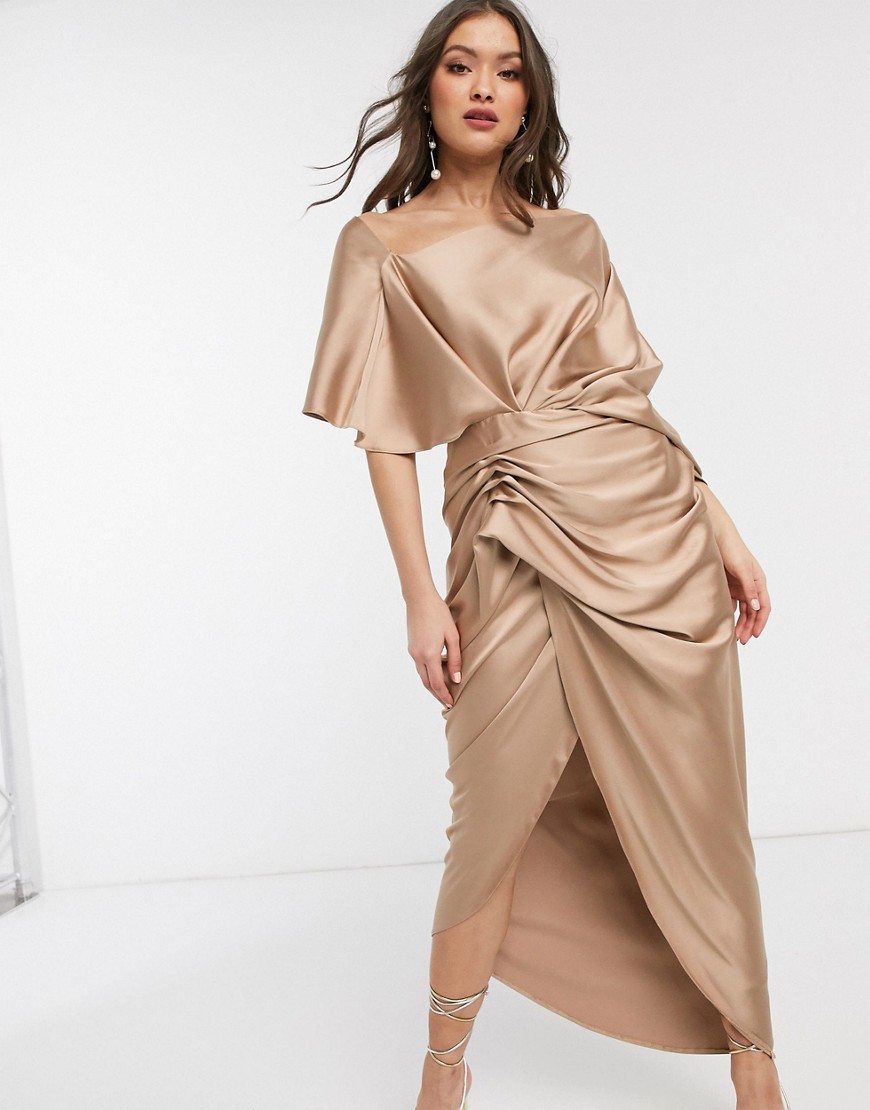 ASOS EDITION drape asymmetric maxi dress in satin-Gold