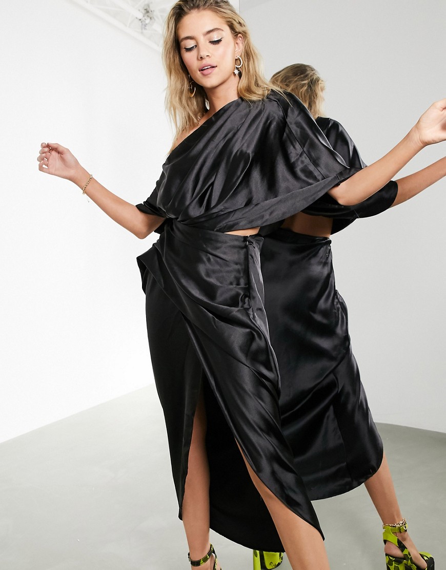 ASOS EDITION drape asymmetric maxi dress in satin-Black