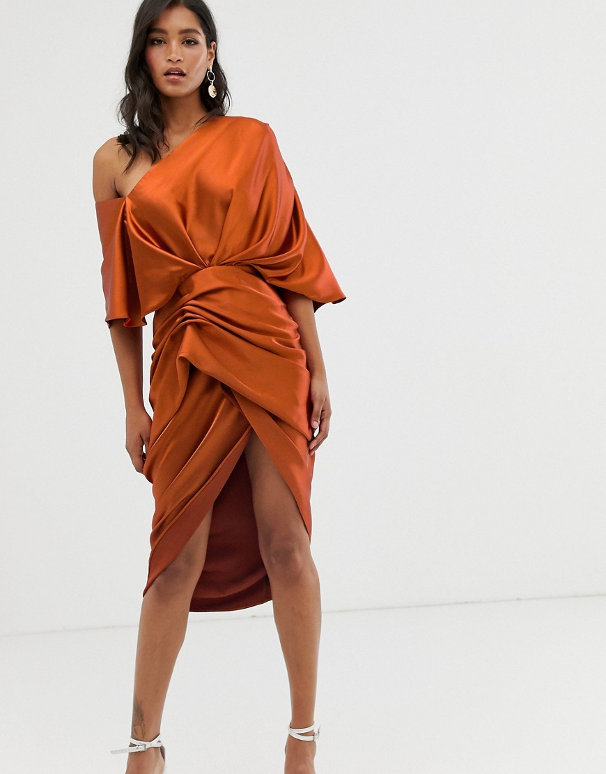 ASOS EDITION drape asymmetric midi dress in satin-Orange