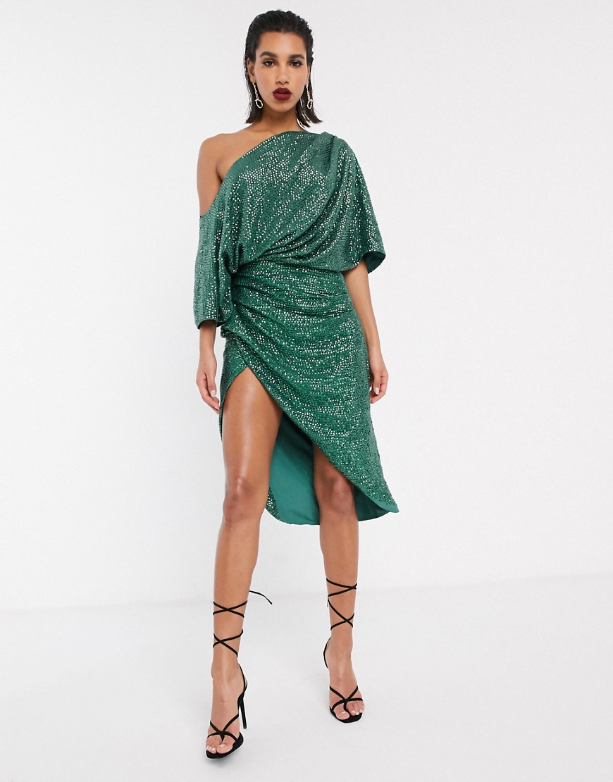 ASOS EDITION drape asymmetric midi dress in sequin-Green