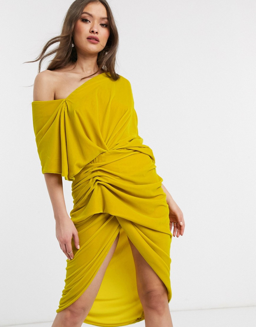 ASOS EDITION drape asymmetric midi dress in velvet-Yellow