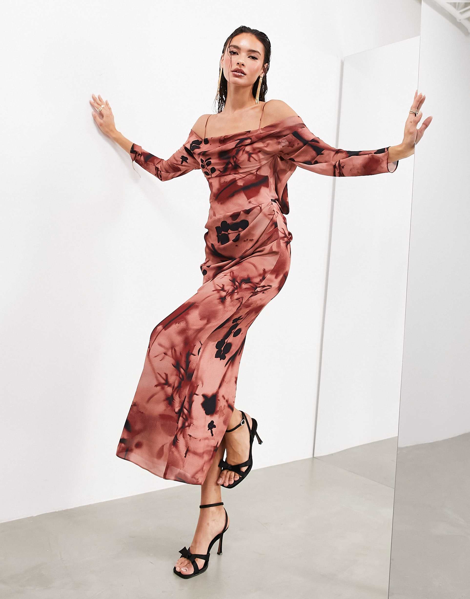 asos edition drape bardot long sleeve maxi dress in rose floral