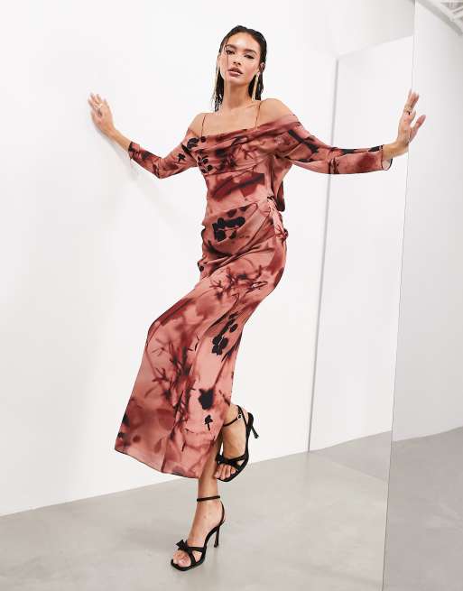 ASOS EDITION drape bardot long sleeve maxi dress in rose floral