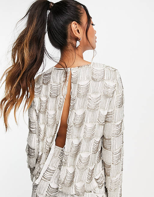 ASOS EDITION drape bead and pearl check top with split back