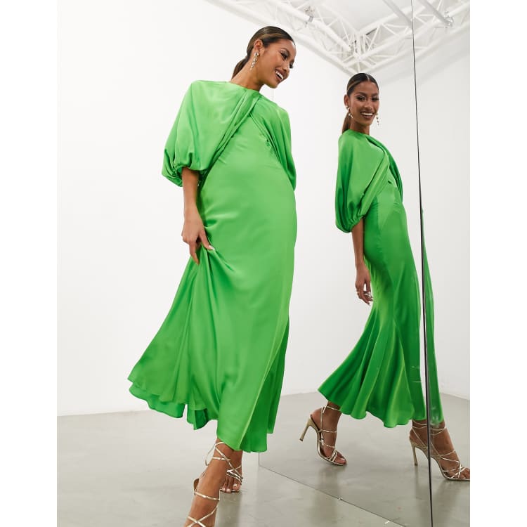 ASOS EDITION drape blouson sleeve satin midi dress in green | ASOS