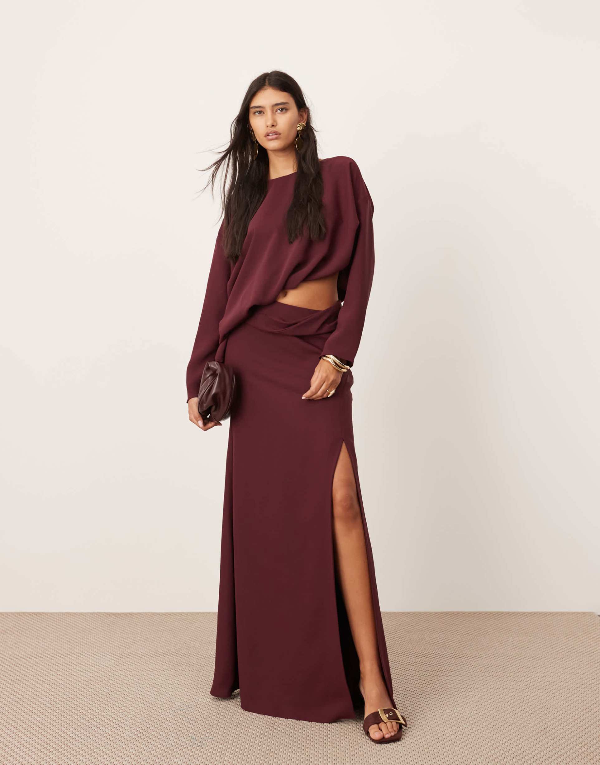 asos edition drape cut out waist maxi dress in burgundy