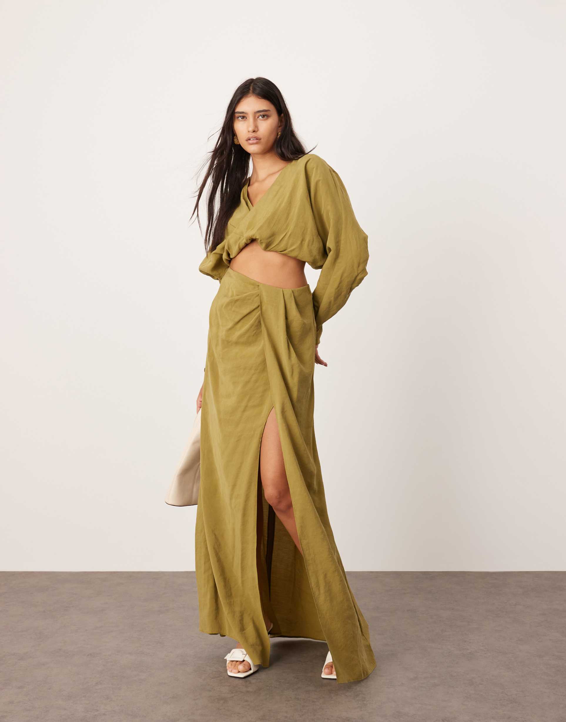 asos edition drape detail long sleeve maxi dress in olive green