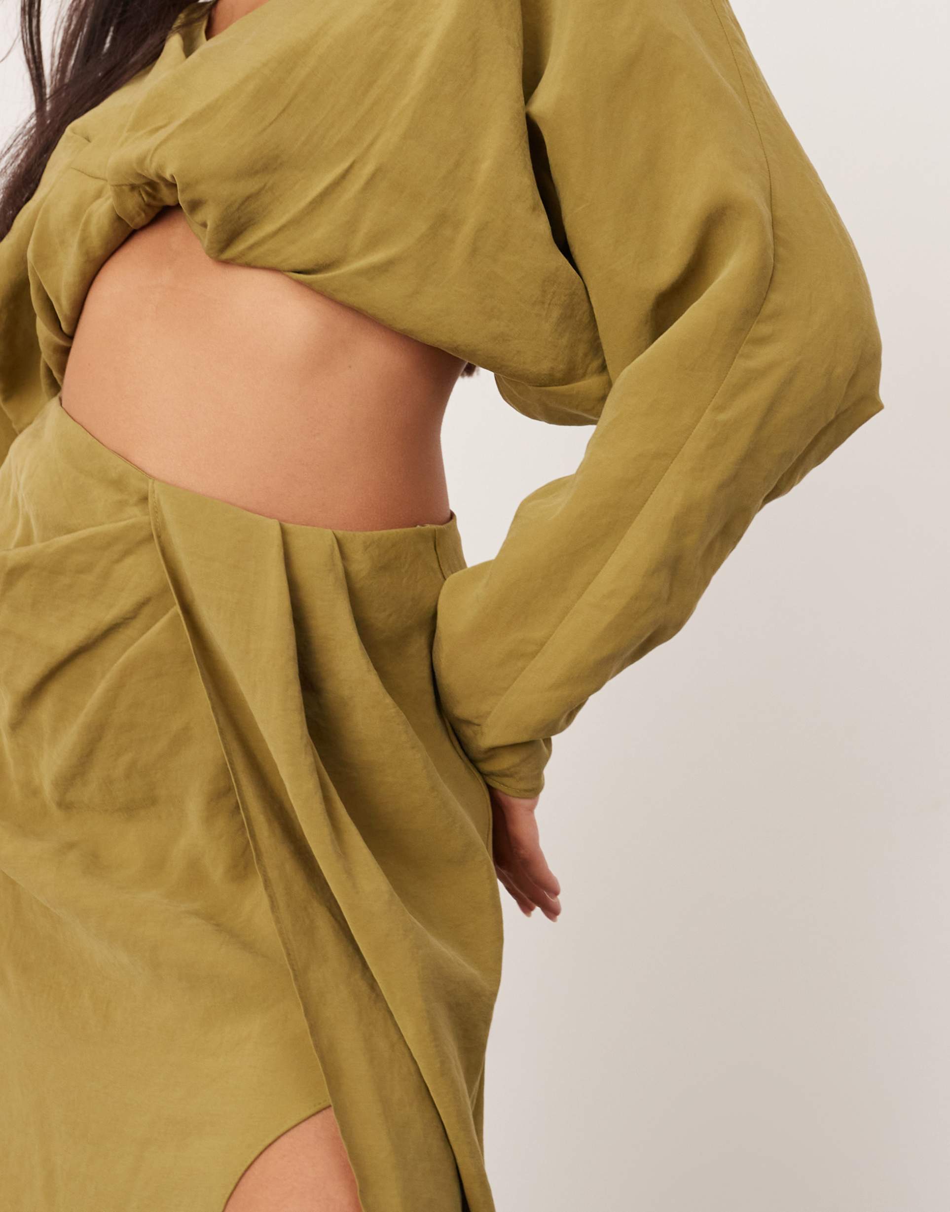 asos edition drape detail long sleeve maxi dress in olive green