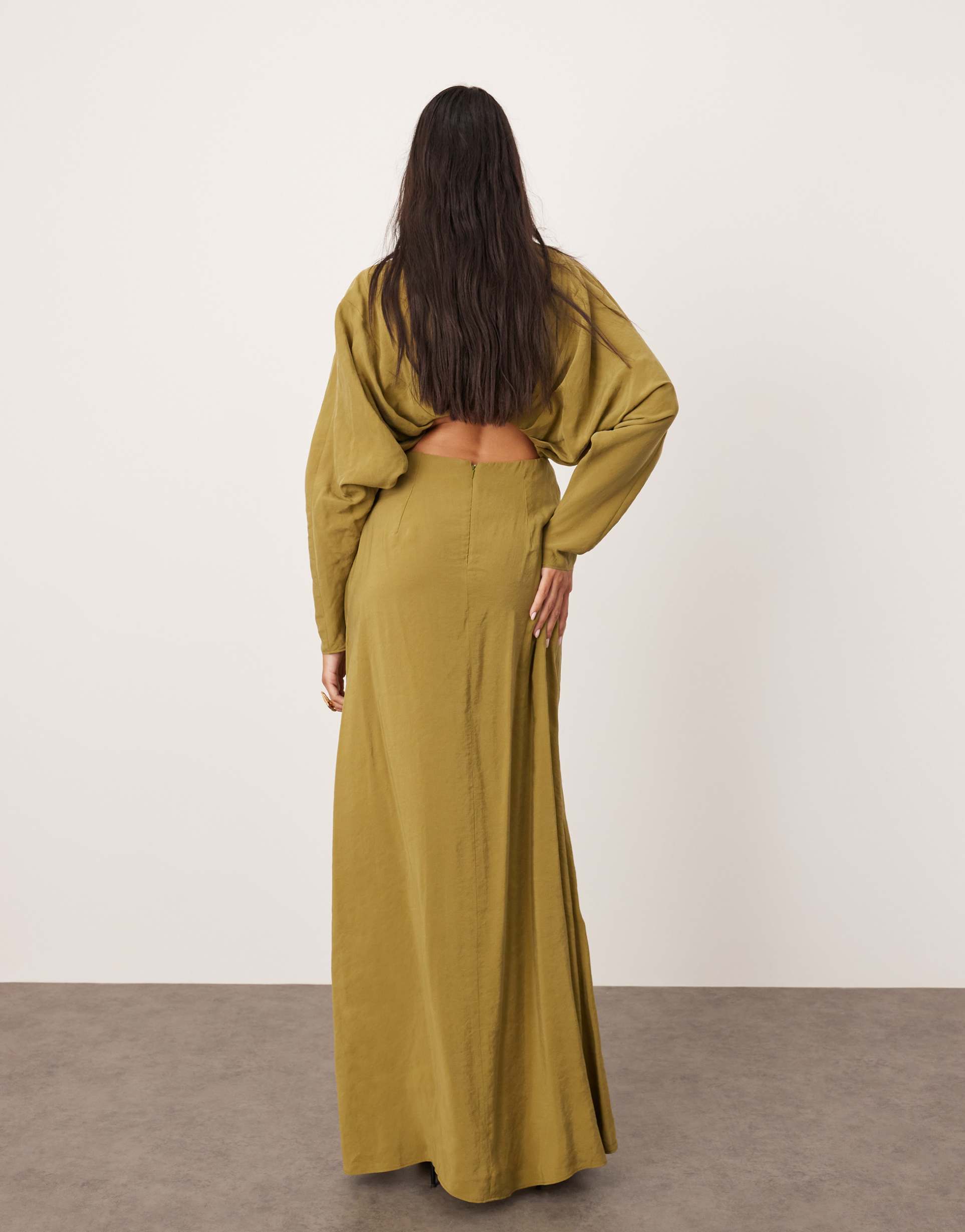asos edition drape detail long sleeve maxi dress in olive green