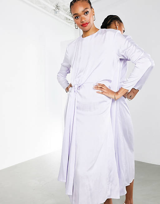 ASOS EDITION drape front crinkle satin midi dress in washed lilac