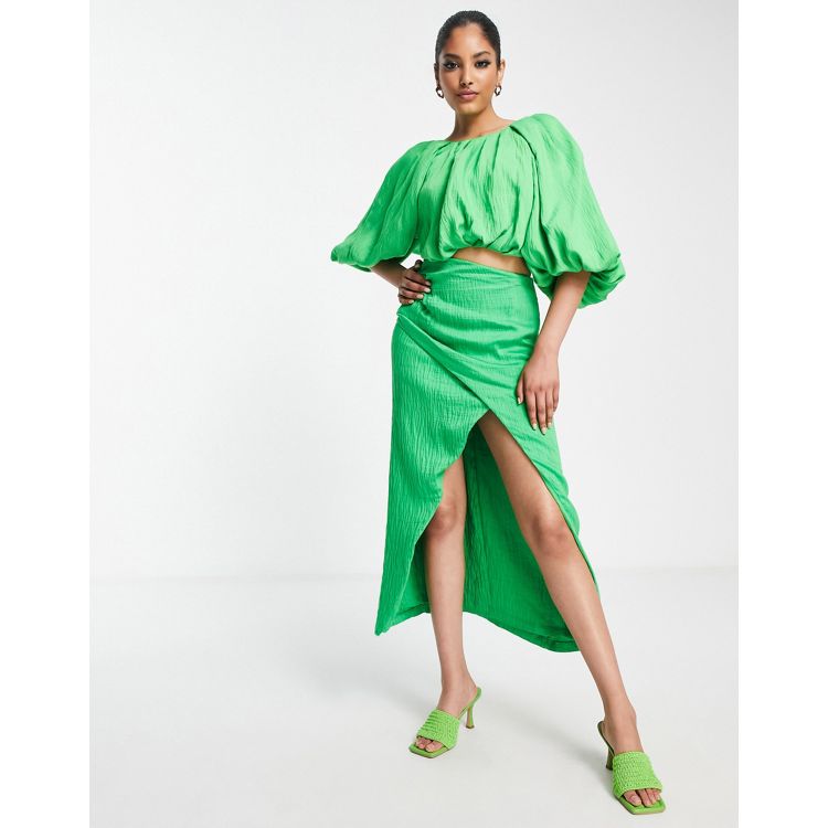 ASOS EDITION drape front textured midi skirt in bright green