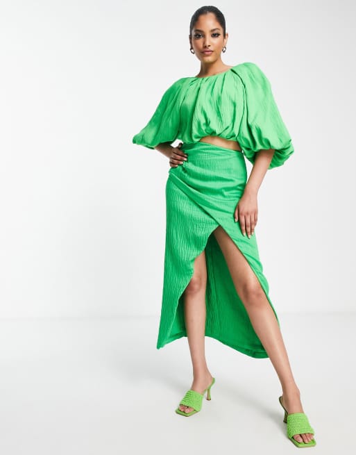 ASOS EDITION drape front textured midi skirt in bright green