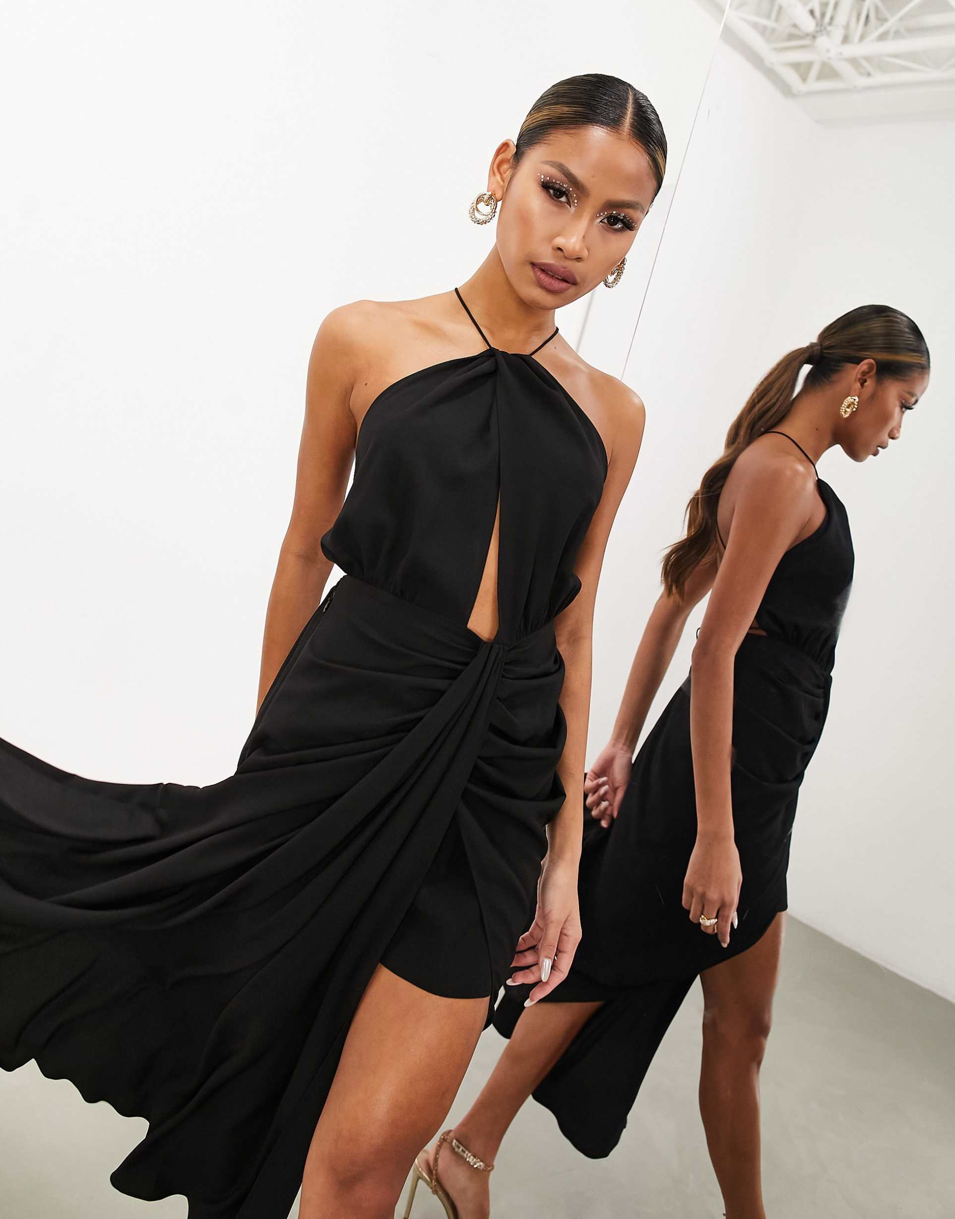 asos edition drape halter midi dress with tie detail in black