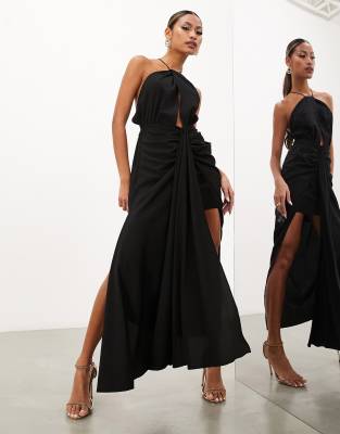 ASOS EDITION drape halter midi dress with tie detail in black | ASOS