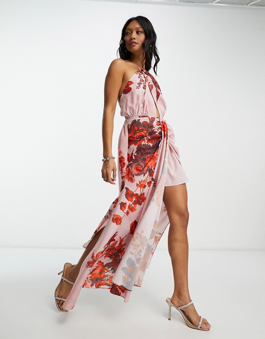 ASOS EDITION drape halter midi dress with tie detail in tonal floral print-Multi