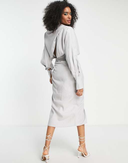 ASOS EDITION drape midi dress with wrap bodice and skirt in pebble gray