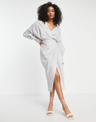 ASOS EDITION drape midi dress with wrap bodice and skirt in pebble grey