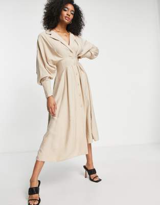 Shop Asos Design Drape Midi Shirt Dress With Pleat Waist Detail In Stone-neutral