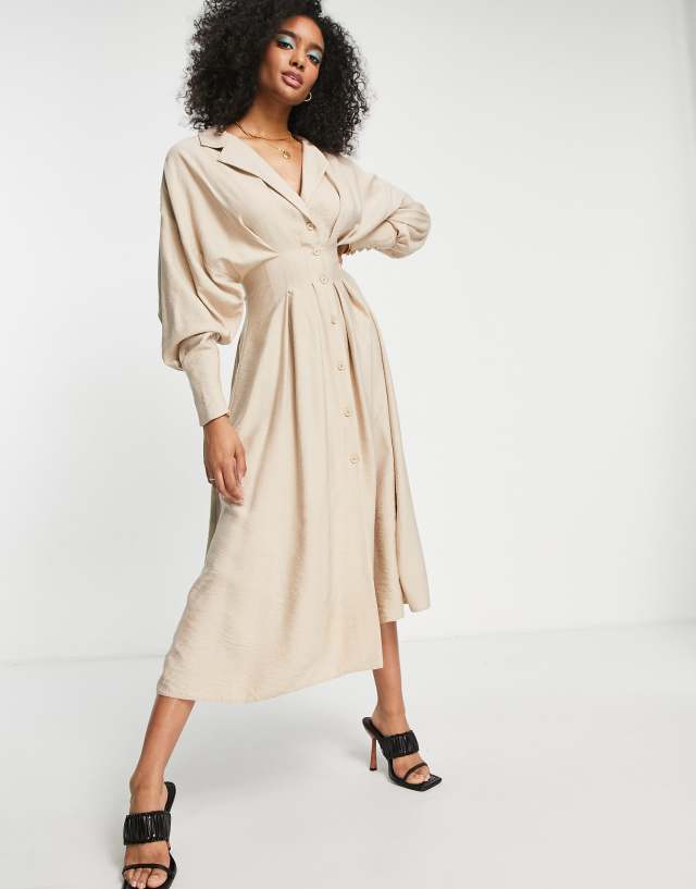 ASOS EDITION drape midi shirt dress with pleat waist detail in stone