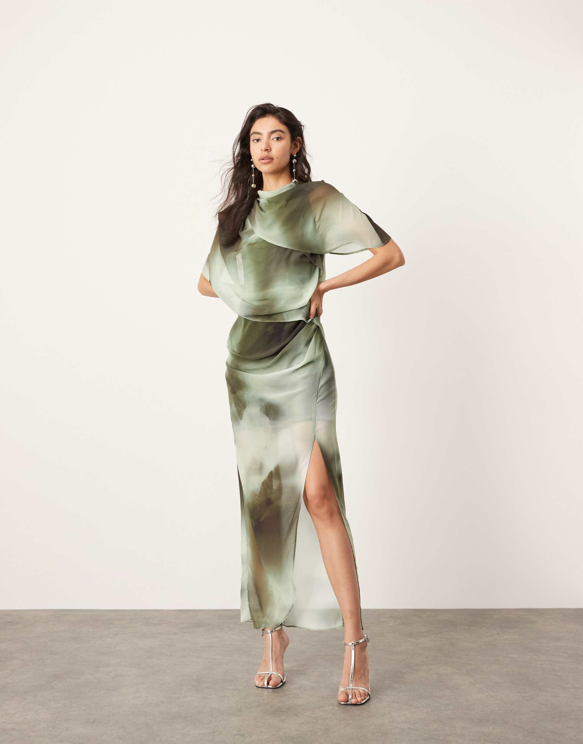 asos edition drape neck midi dress in green shadow print