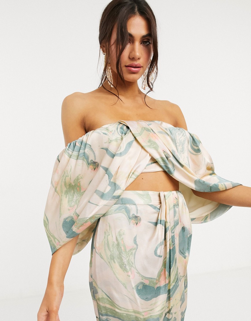 ASOS EDITION drape off shoulder top in marble print co-ord-Multi