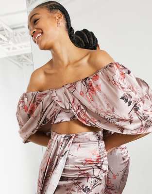 ASOS EDITION drape off shoulder top in wild flower print co-ord-Pink