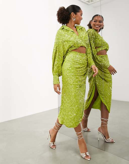 Green sequin embellished 2025 wrap midi skirt