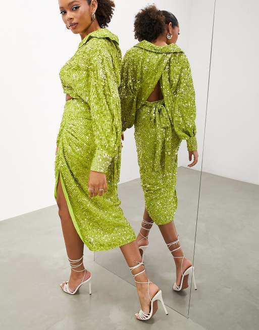 Green sequin embellished 2025 wrap midi skirt