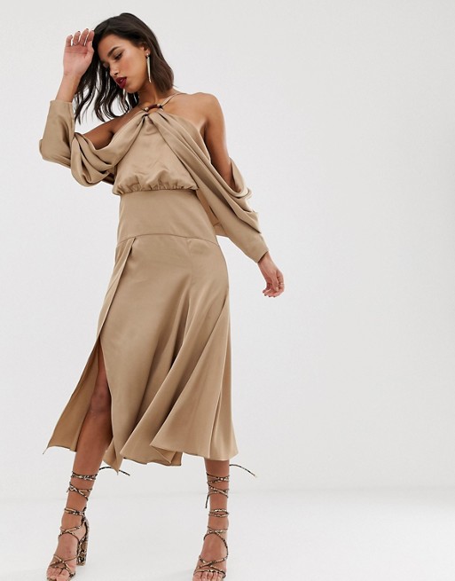 ASOS EDITION drape sleeve midi dress with ring detail in satin