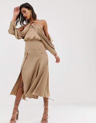 Asos Edition Drape Sleeve Midi Dress With Ring Detail In Satin Asos