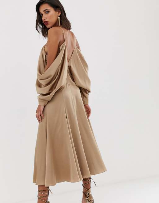 ASOS EDITION drape sleeve midi dress with ring detail in satin