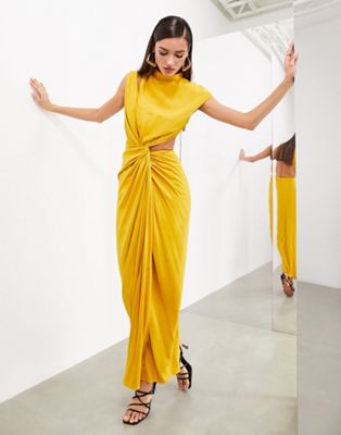 ASOS EDITION draped and slashed high neck maxi dress in golden yellow