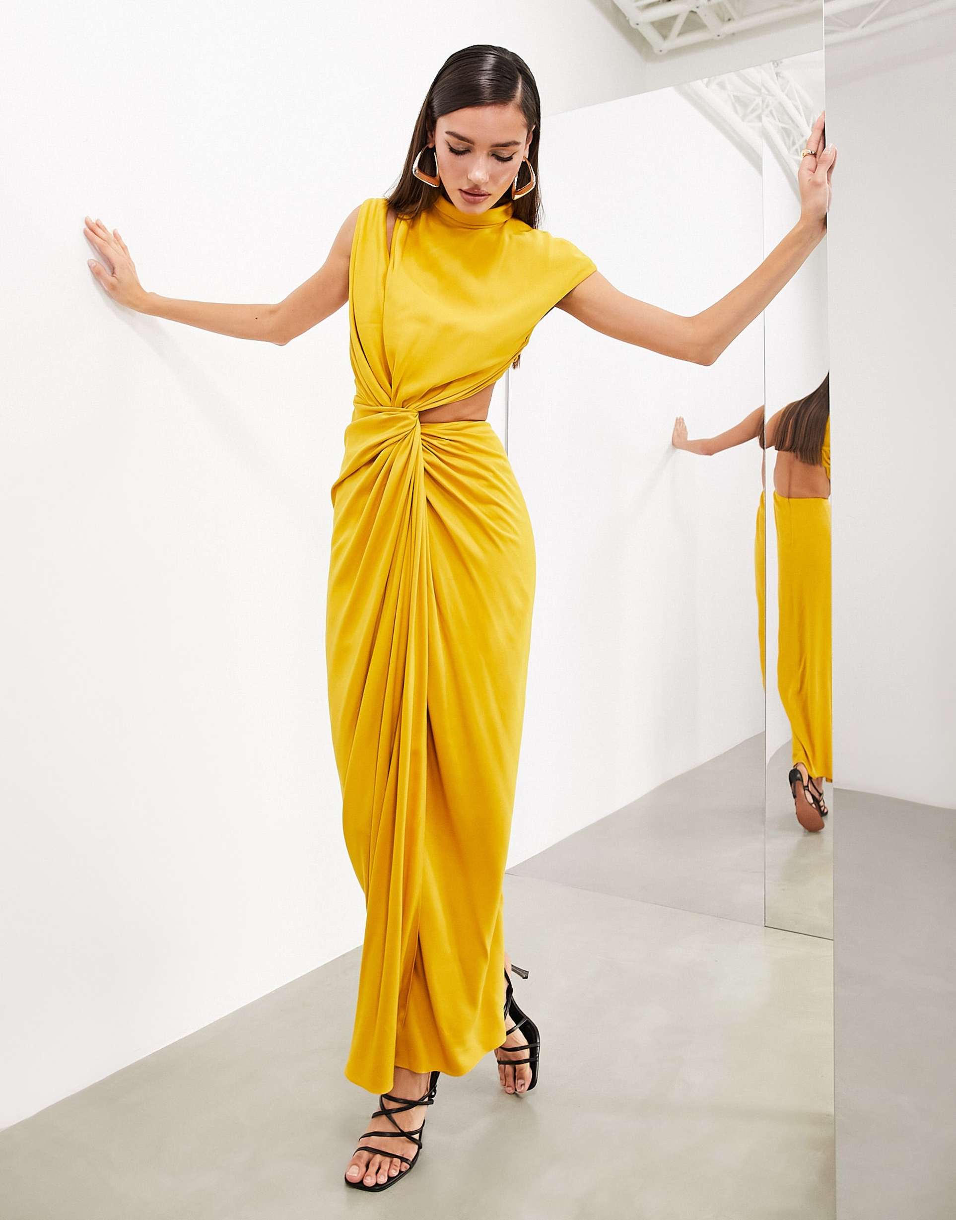 asos edition draped and slashed high neck maxi dress in golden yellow