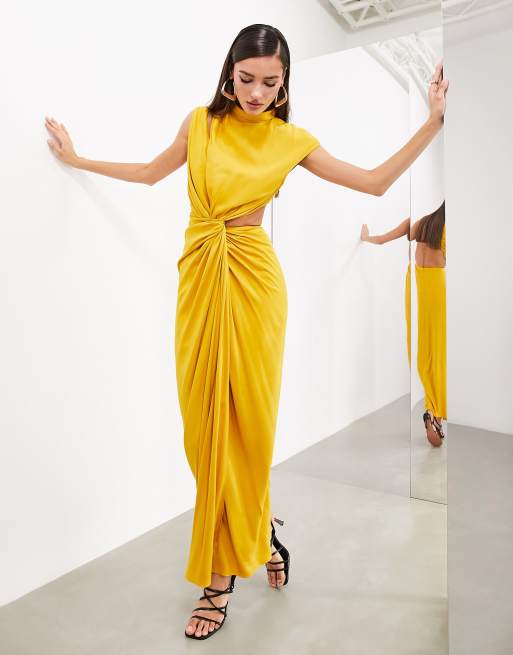 FhyzicsShops EDITION draped and slashed high neck maxi dress in golden yellow