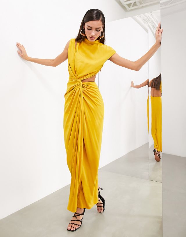 ASOS EDITION - draped and slashed high neck maxi dress in golden yellow