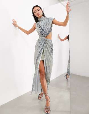 Asos Design Draped And Slashed High Neck Maxi Dress In Gray Abstract Print-multi