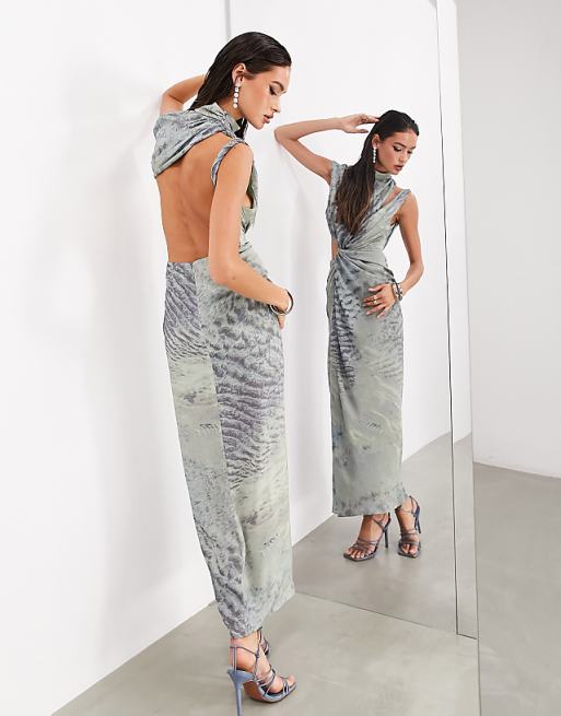 ASOS EDITION draped and slashed high neck maxi dress in gray ASOS EDITION draped and slashed high neck maxi dress in gray