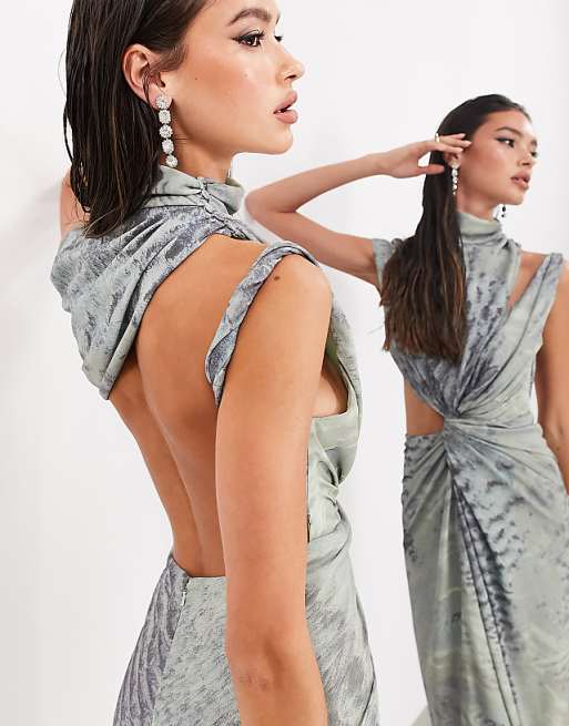 ASOS EDITION draped and slashed high neck maxi dress in gray ASOS EDITION draped and slashed high neck maxi dress in gray
