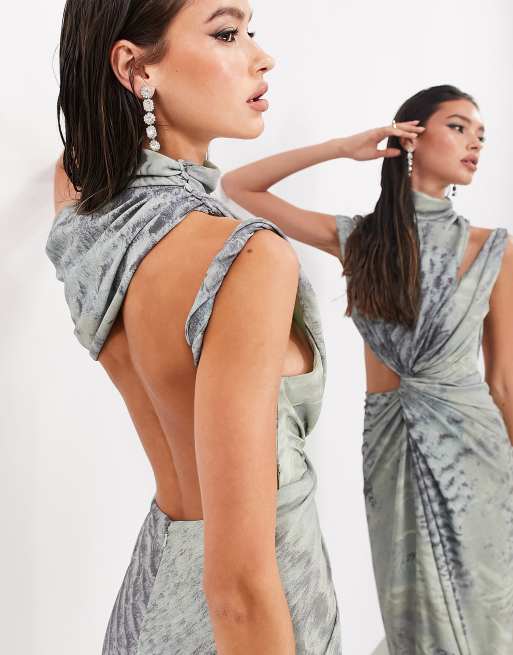 ASOS EDITION draped and slashed high neck maxi dress in gray abstract print ASOS