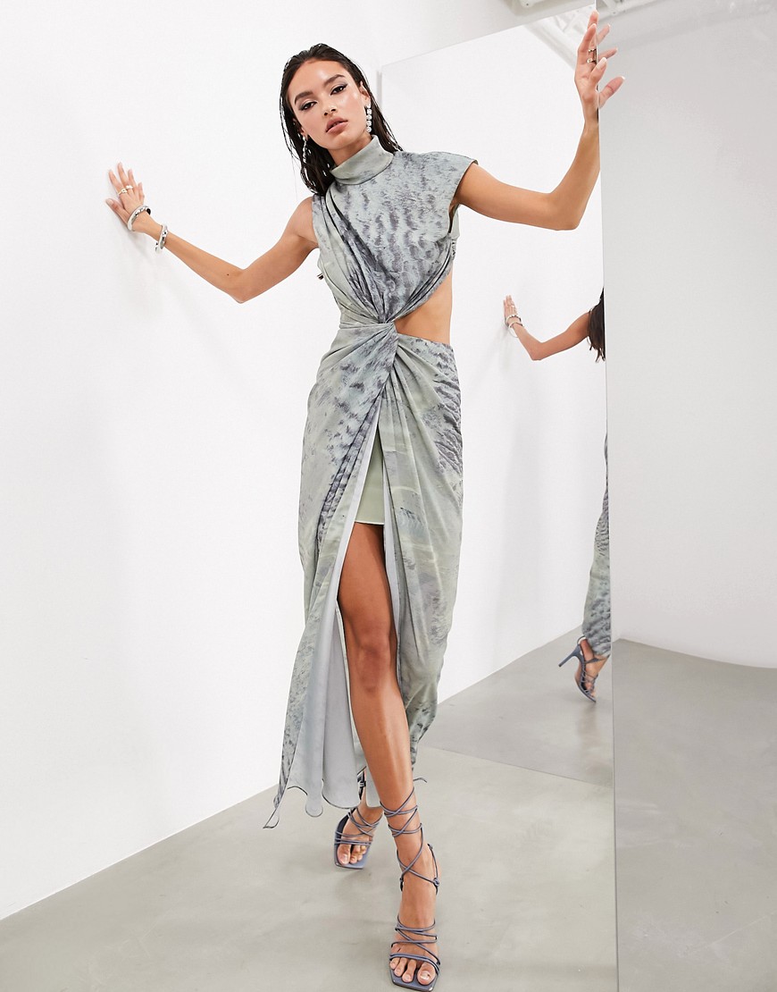 ASOS EDITION draped and slashed high neck maxi dress in grey abstract print-Multi