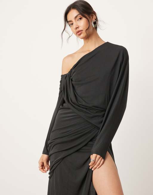 ASOS EDITION draped off shoulder maxi dress with waist detail in black ASOS