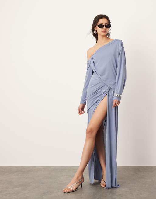 ASOS EDITION draped off shoulder maxi dress with waist detail in blue ASOS