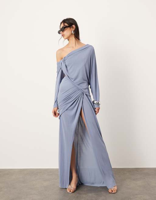 ASOS EDITION draped off shoulder maxi dress with waist detail in blue ASOS