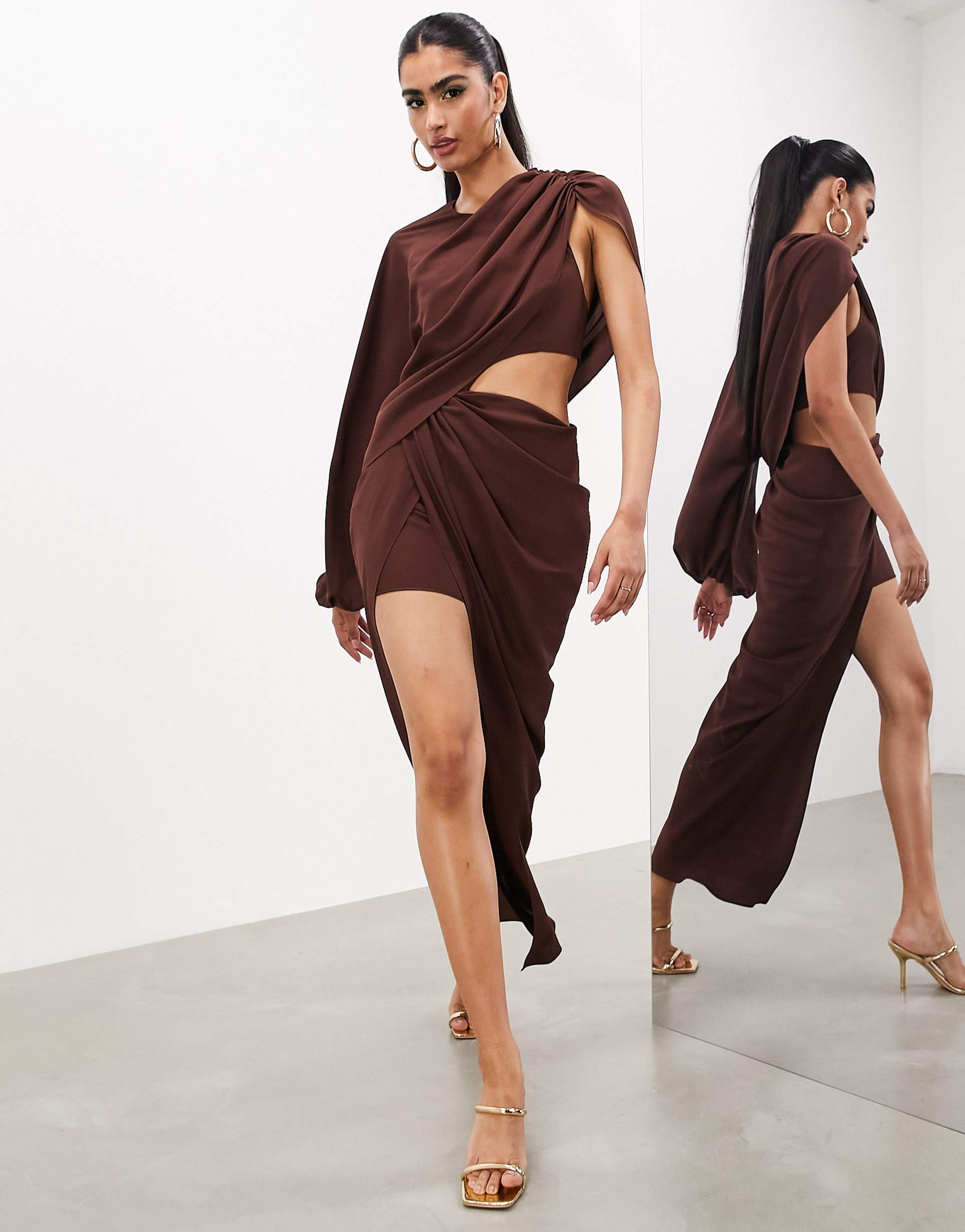 asos edition draped one sleeve maxi dress in chocolate brown