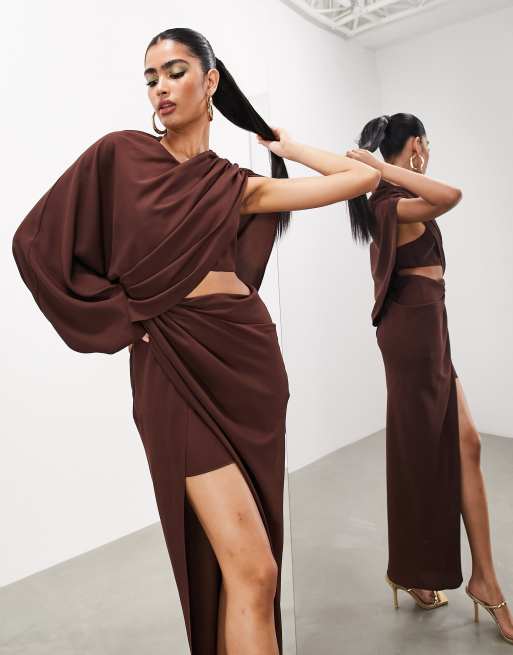 Chocolate Chiffon Asymmetric Strap Draped Midi Dress