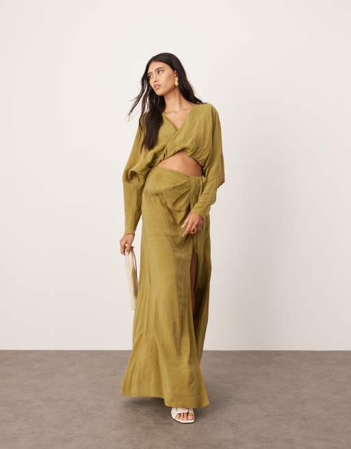 ASOS EDITION - Draperet, langærmet og olivengrøn maxikjole