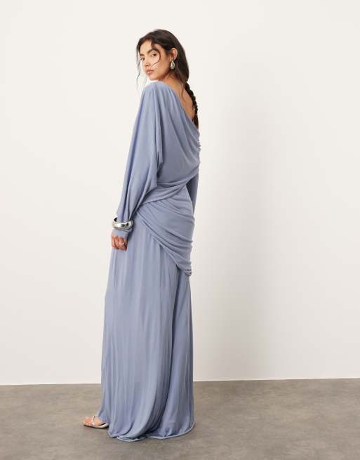 ASOS EDITION - Draperet offshoulder-maxikjole med detalje i taljen i blå, 3 af 4